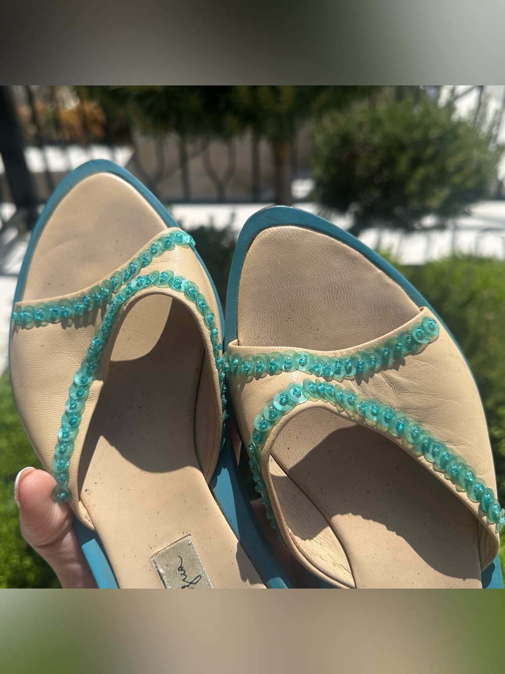 Manolo Blahnik Inspired Mario Bologna Y2K Turquoise Beige Beaded Thong Sandals - Picture 5 of 9